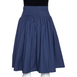 Pre Owned Prada Navy Blue Cotton Elasticized Waist Midi Skirt S
