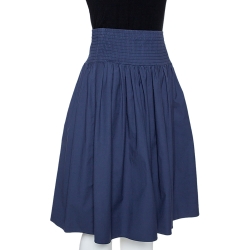 Pre Owned Prada Navy Blue Cotton Elasticized Waist Midi Skirt S