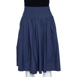 Pre Owned Prada Navy Blue Cotton Elasticized Waist Midi Skirt S