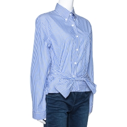 Pre Owned Prada Blue Striped Cotton Wrap Front Tie Detail Shirt S