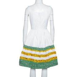Pre Owned Prada White Cotton Striped Jacquard Trim Detail Flared Sleeveless Dress M 