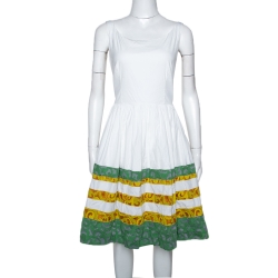 Pre Owned Prada White Cotton Striped Jacquard Trim Detail Flared Sleeveless Dress M 