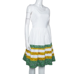 Pre Owned Prada White Cotton Striped Jacquard Trim Detail Flared Sleeveless Dress M 