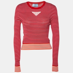 Pre Owned Prada Red/White Striped Knit Long Sleeve Top M
