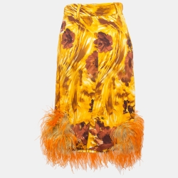 Prada Orange Floral Print Feather Trim Crepe Midi Skirt S
