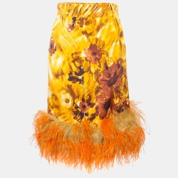 Prada Orange Floral Print Feather Trim Crepe Midi Skirt S