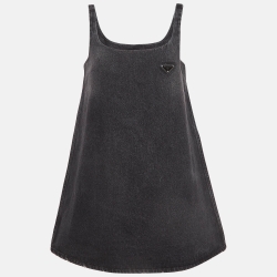 Pre Owned Prada Black Metal Triangle Logo Denim Mini Shift Dress S