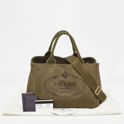 Pre Owned Prada Military Green Canapa Canvas Shopper Tote
