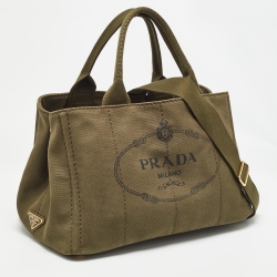 Pre Owned Prada Military Green Canapa Canvas Shopper Tote