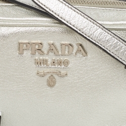 Pre Owned Prada Silver Leather Logo Camera Crossbody Bag