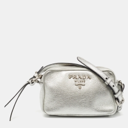 Pre Owned Prada Silver Leather Logo Camera Crossbody Bag