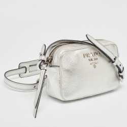 Pre Owned Prada Silver Leather Logo Camera Crossbody Bag