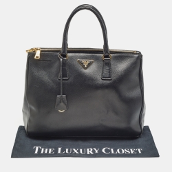 Pre Owned Prada Black Saffiano Lux Leather Large Double Zip Tote