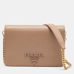 Pre Owned Prada Beige Saffiano Leather Wallet on Chain