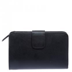 Pre Owned Prada Black Saffiano Metal Leather Zippy Wallet