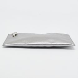 Prada Silver Saffiano Lux Leather Push Lock Clutch