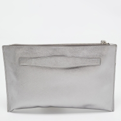 Prada Silver Saffiano Lux Leather Push Lock Clutch