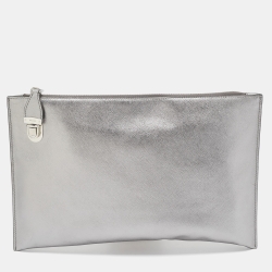 Prada Silver Saffiano Lux Leather Push Lock Clutch