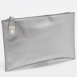 Prada Silver Saffiano Lux Leather Push Lock Clutch