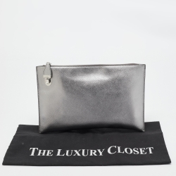 Prada Silver Saffiano Lux Leather Push Lock Clutch