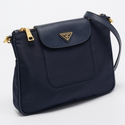 Pre Owned Prada Navy Blue Tessuto Nylon and Leather Flap Crossbody Bag