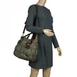Pre Owned Prada Dark Green Gaufre Nylon Tote