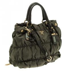 Pre Owned Prada Dark Green Gaufre Nylon Tote