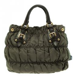 Pre Owned Prada Dark Green Gaufre Nylon Tote