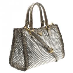 Pre Owned Prada Bronze/Silver Woven Leather Madras Tote