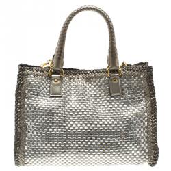 Pre Owned Prada Bronze/Silver Woven Leather Madras Tote