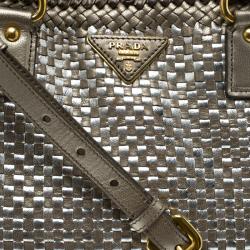 Pre Owned Prada Bronze/Silver Woven Leather Madras Tote