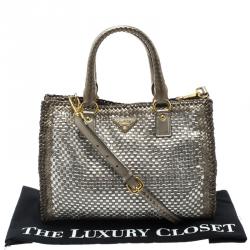Pre Owned Prada Bronze/Silver Woven Leather Madras Tote