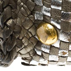 Pre Owned Prada Bronze/Silver Woven Leather Madras Tote