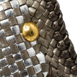 Pre Owned Prada Bronze/Silver Woven Leather Madras Tote
