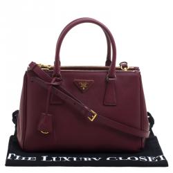 Pre Owned Prada Burgundy Saffiano Lux Leather Double Zip Tote