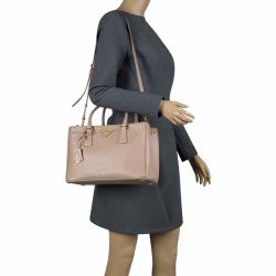 Pre Owned Prada Beige Saffiano Lux Leather Double Zip Tote