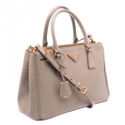 Pre Owned Prada Beige Saffiano Lux Leather Double Zip Tote