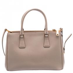 Pre Owned Prada Beige Saffiano Lux Leather Double Zip Tote