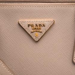 Pre Owned Prada Beige Saffiano Lux Leather Double Zip Tote