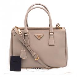Pre Owned Prada Beige Saffiano Lux Leather Double Zip Tote