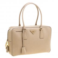 Pre Owned Prada Beige Saffiano Lux Leather Top Handle Bowling Bag