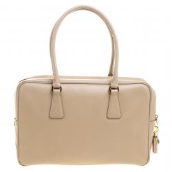 Pre Owned Prada Beige Saffiano Lux Leather Top Handle Bowling Bag