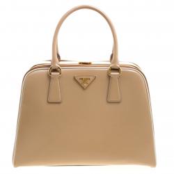 Pre Owned Prada Beige/Caramel Patent Leather Pyramid Frame Top Handle Bag