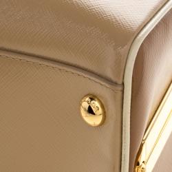 Pre Owned Prada Beige/Caramel Patent Leather Pyramid Frame Top Handle Bag