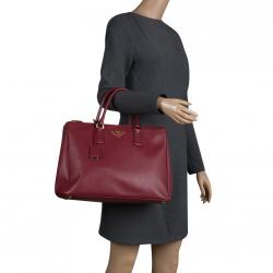 Pre Owned Prada Burgundy Saffiano Lux Leather Large Double Zip Tote
