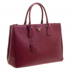 Pre Owned Prada Burgundy Saffiano Lux Leather Large Double Zip Tote