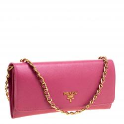 Pre Owned Prada Berry Red Saffiano Metal Leather Wallet on Chain