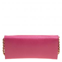 Pre Owned Prada Berry Red Saffiano Metal Leather Wallet on Chain