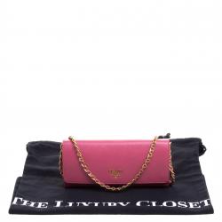 Pre Owned Prada Berry Red Saffiano Metal Leather Wallet on Chain