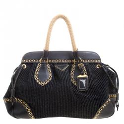 Pre Owned Prada Black Woven Straw and Leather Eyelet Frame Satchel